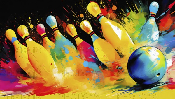 Bowling theme showing a bowling ball and some pins in multicolored vibrant splashy ambiance. AI generated image with lots of paint splashes, splatter and spots in dark back
