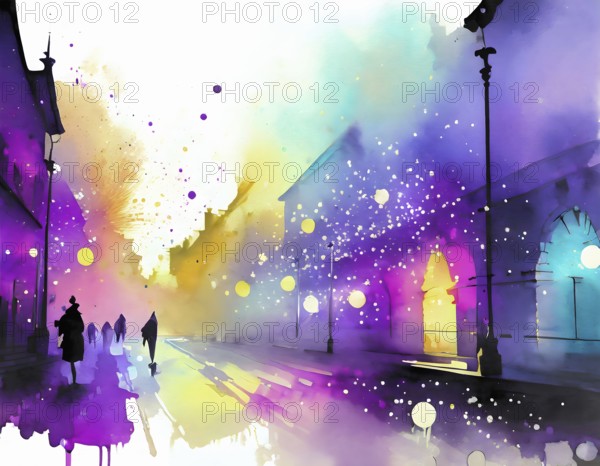 AI generated image showing a vivid illuminated city scenery, watercolor style with splashes and spots