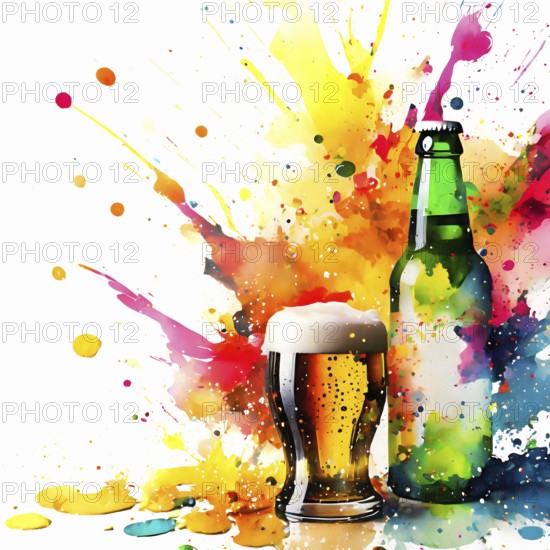 Consumption theme showing a beer glass and bottle in multicolored vibrant splashy ambiance. AI generated image with lots of paint splashes, splatter and spots