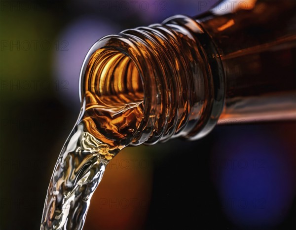 AI-generated close-up image showing a bottle as a clear drink is poured from it, AI generated