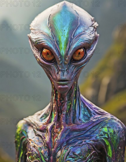 AI generated image showing the portrait of a iridescent alien creature in blurry back