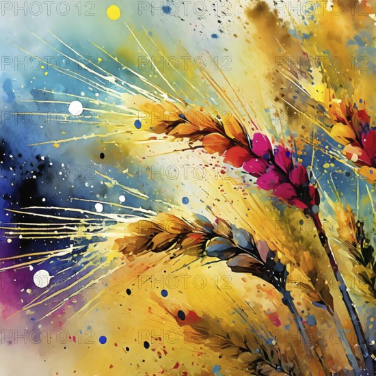 Food and agricultural theme showing some barley ears in multicolored vibrant splashy ambiance. AI generated image with lots of paint splashes, splatter and spots