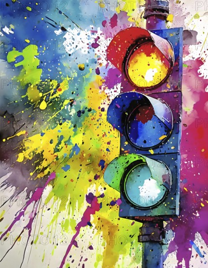 Traffic and signaling theme showing a traffic light in multicolored vibrant splashy ambiance. AI generated image with lots of paint splashes, splatter and spots