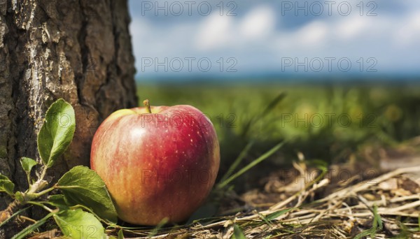 Apple near tree stem closeup, based on the proverb The apple doesn't fall far from the tree, AI generated