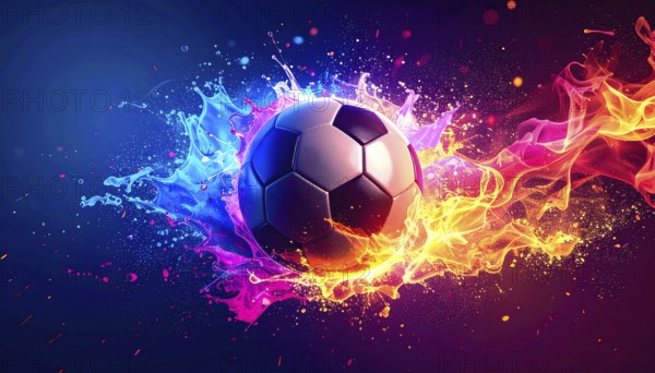 Football in flashy ambiance. AI illustration with light effects and fiery liquid splashes, AI generated