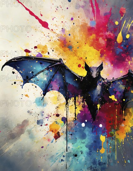 Animal and Halloween theme showing a flying bat in multicolored vibrant splashy ambiance. AI generated image with lots of paint splashes, splatter and spots