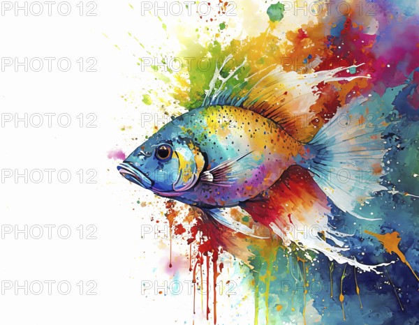 Wildlife and animal theme showing a tropical fish in multicolored vibrant splashy ambiance. AI generated image with lots of paint splashes, splatter and spots