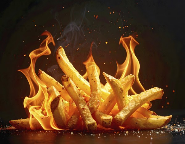AI generated image showing flaming french fries in dark ambiance
