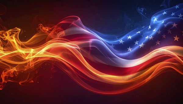 AI generated Image showing a flaming american flag in dark ambiance