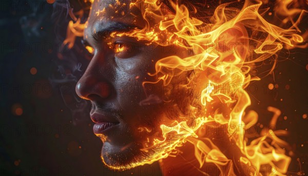AI generated image showing a flaming male head in dark ambiance