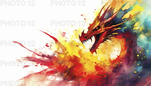 Magical legendary theme showing a fire-drake in multicolored vibrant splashy ambiance. AI generated image with lots of paint splashes, splatter and spots