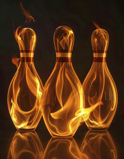 AI generated Image showing fiery bowling pins in dark ambiance