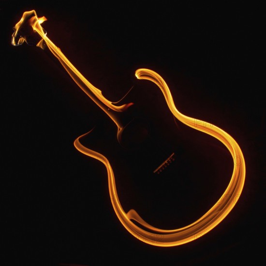 AI generated image showing a symbolic flaming guitar in dark ambiance