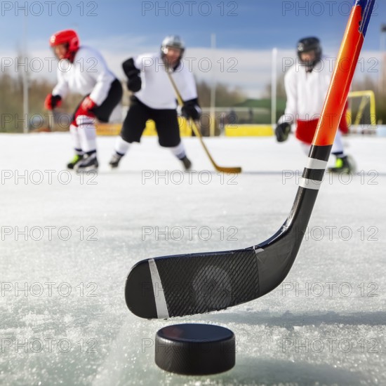 AI generated image showing a puck, stick and players on ice surface on a playing field