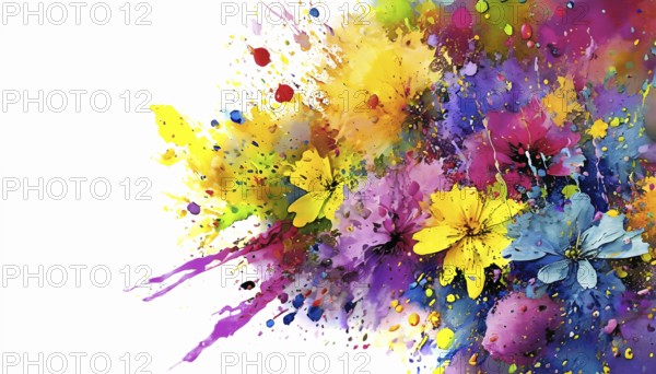 Floral beauty and vegetation theme showing lots of various flowers in multicolored vibrant splashy ambiance. AI generated image with lots of paint splashes, splatter and spots