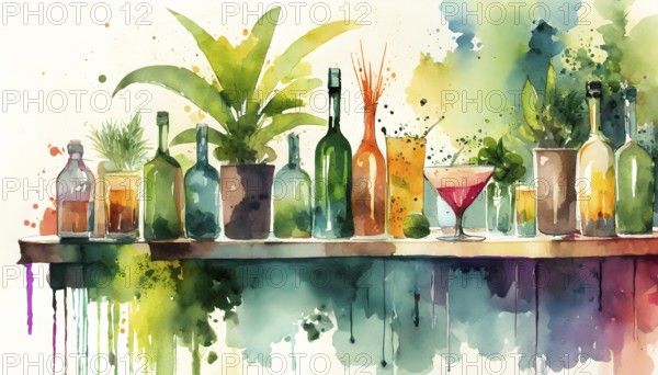 AI generated image showing lots of cocktails, bottles and plants on a board, watercolor style with splashes and spots