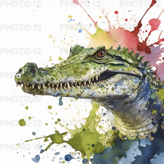 Wildlife and animal theme showing a crocodile in multicolored vibrant splashy ambiance. AI generated image with lots of paint splashes, splatter and spots