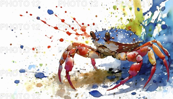 Animal and seafood theme showing a crab in multicolored vibrant splashy ambiance. AI generated image with lots of paint splashes, splatter and spots
