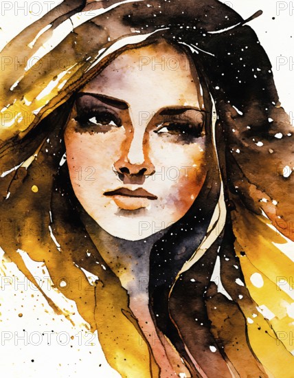 AI generated image showing the portrait of a young woman, watercolor style with splashes and spots
