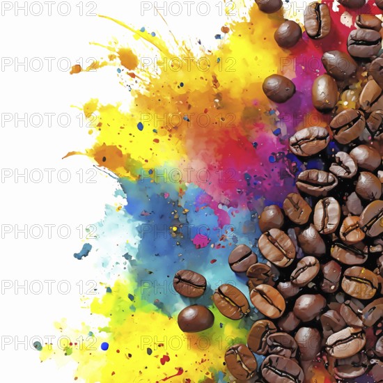 Consumption theme showing coffee beans in multicolored vibrant splashy ambiance. AI generated image with lots of paint splashes, splatter and spots