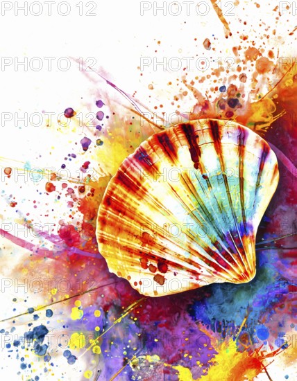 Symbolic theme showing a great scallop shell in multicolored vibrant splashy ambiance. AI generated image with lots of paint splashes, splatter and spots