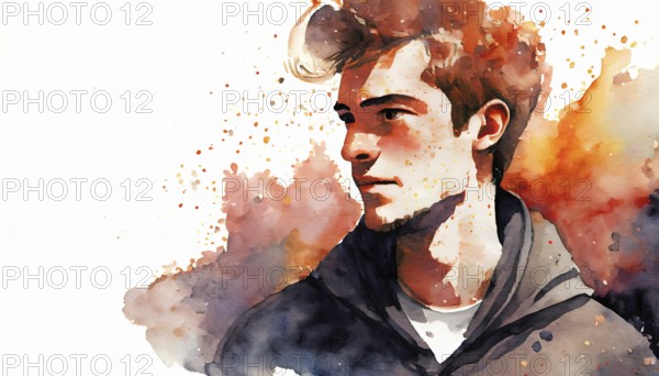 AI generated image showing the portrait of a young man in light back, watercolor style with splashes and spots
