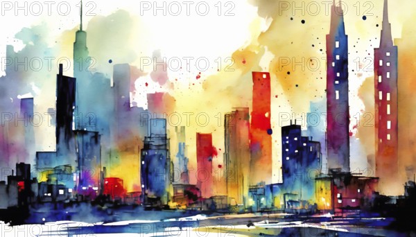 AI generated image showing the colorful illuminated skyline and some houses of a big city, watercolor style with splashes and spots