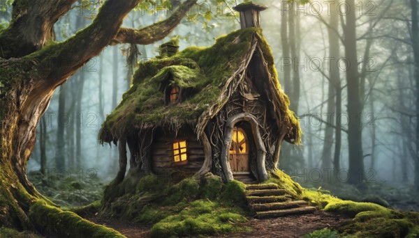 AI generated image showing a dense foggy forest including a mossy overgrown witch house