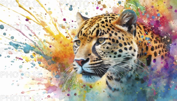 Safari and wildlife theme showing the portrait of a jaguar in multicolored vibrant splashy ambiance. AI generated image with lots of paint splashes, splatter and spots