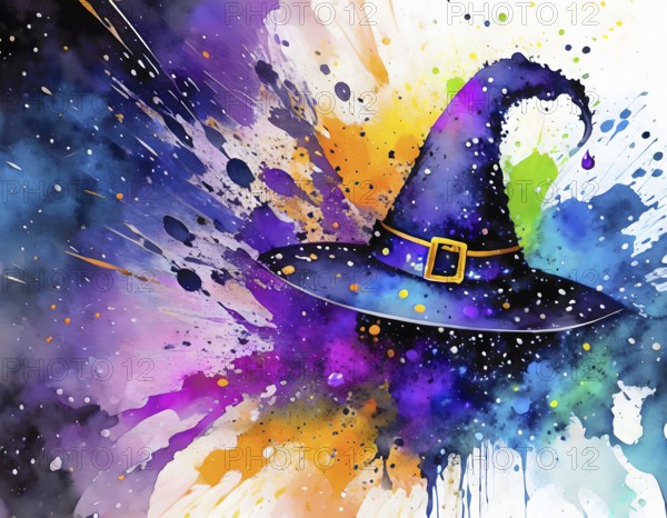 Magic and mystery theme showing a witch hat in multicolored vibrant splashy ambiance. AI generated image with lots of paint splashes, splatter and spots