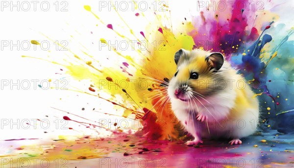 Pet and animal theme showing a hamster in multicolored vibrant splashy ambiance. AI generated image with lots of paint splashes, splatter and spots