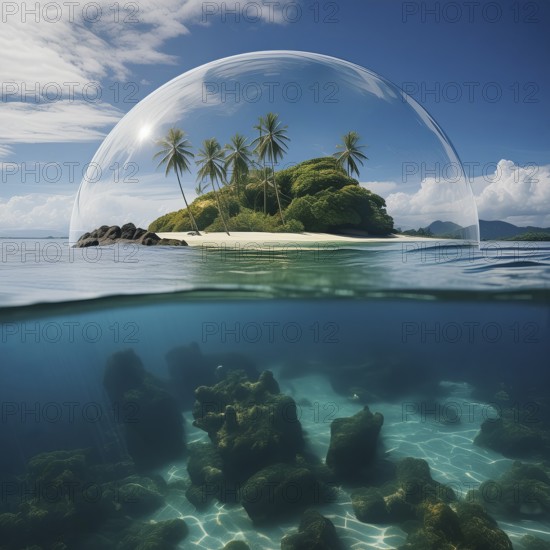 Small tropical island under a transparent sphere in sunny ambiance, AI generated image