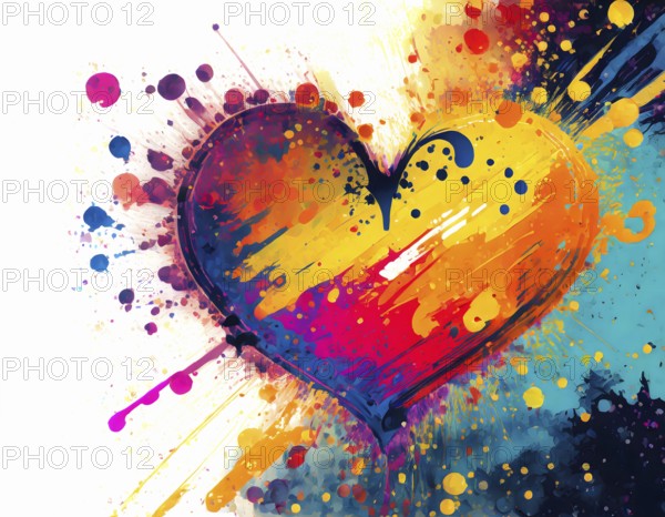 Love theme theme showing a heart symbol in multicolored vibrant splashy ambiance. AI generated image with lots of paint splashes, splatter and spots