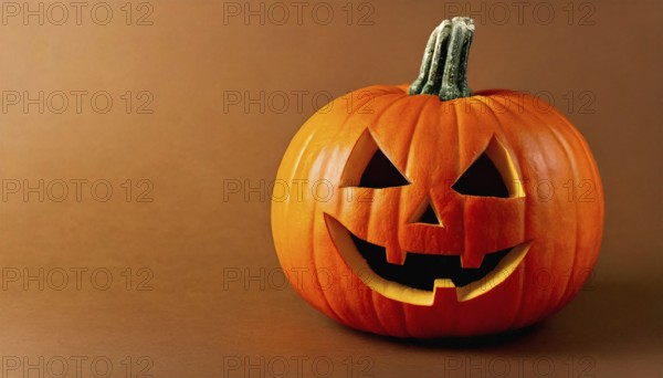 AI generated image showing a illuminated halloween pumpkin in orange back with shadow