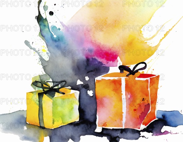 AI generated image showing some colorful presents, watercolor style with splashes and spots in light back