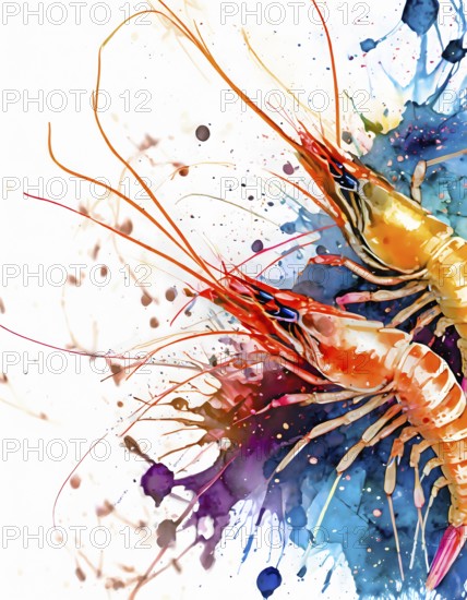 Seafood theme showing some shrimps in multicolored vibrant splashy ambiance. AI generated image with lots of paint splashes, splatter and spots