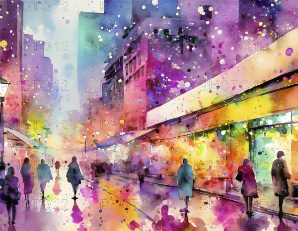 AI generated image showing a vivid illuminated city scenery, watercolor style with splashes and spots
