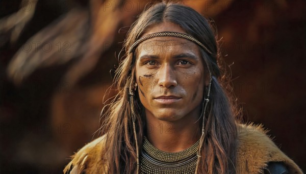 AI generated image showing the portrait of an native american man in blurry back