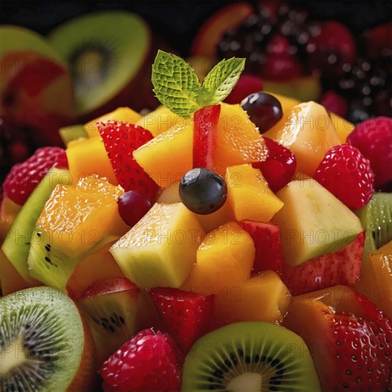 AI generated image showing a full frame fruit salad closeup with various fruit pieces