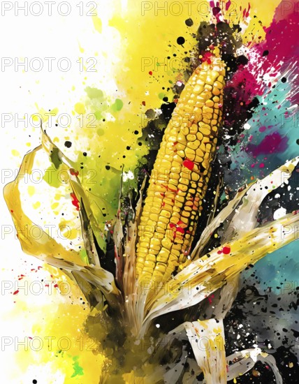 Food and agriculture theme showing a corncob in multicolored vibrant splashy ambiance. AI generated image with lots of paint splashes, splatter and spots