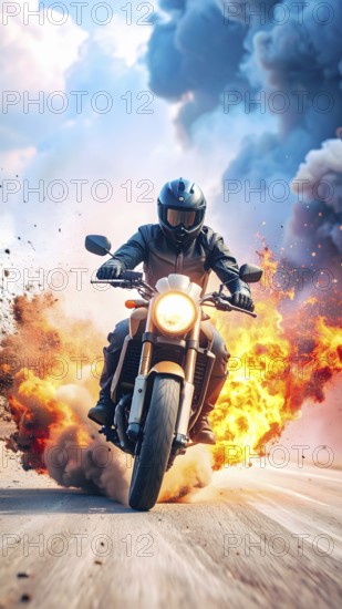 Ai generated image showing a driving motorcyclist on the road surrounded by fire and smoke