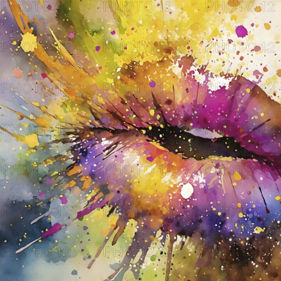 Sensual theme showing a human mouth in multicolored vibrant splashy ambiance. AI generated image with lots of paint splashes, splatter and spots