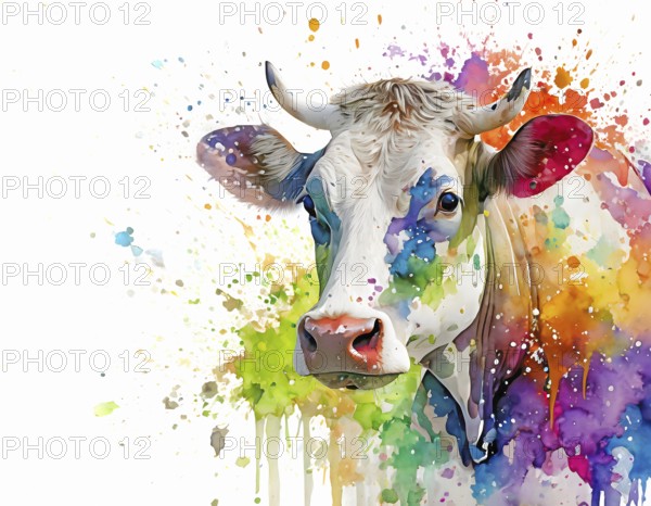 Animal and farming theme showing a cow in multicolored vibrant splashy ambiance. AI generated image with lots of paint splashes, splatter and spots