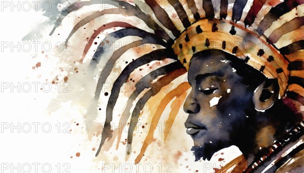 AI generated image showing the portrait of an african warrior with awesome headdress, watercolor style with splashes and spots