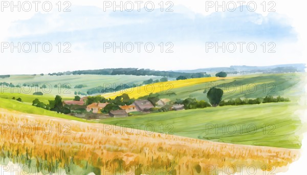 Idyllic rural landscape at summer time (AI generated image in watercolor style)
