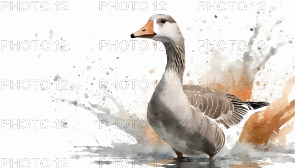 Animal and wildlife theme showing a goose in multicolored vibrant splashy ambiance. AI generated image with lots of paint splashes, splatter and spots