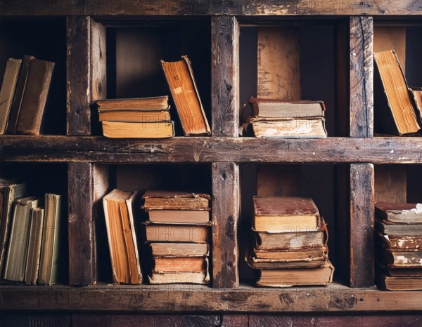AI generated image showing old rundown books in a wooden bookshelf