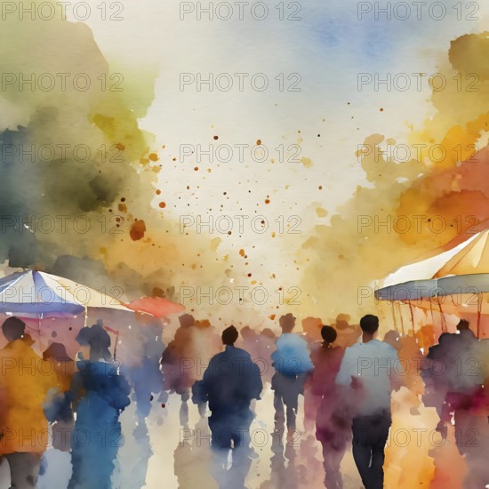 AI generated festivity theme showing a urban street market scenery with lots of people in multicolored vibrant watercolor ambiance