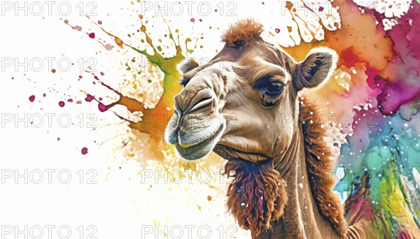 Animal and wildlife theme showing the portrait of a camel in multicolored vibrant splashy ambiance. AI generated image with lots of paint splashes, splatter and spots