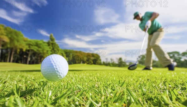 AI generated image showing a golf ball and golf club closeup on a course in sunny ambiance with player